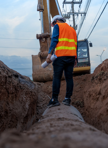 Arbeiter steht vor Bagger im Tiefbau